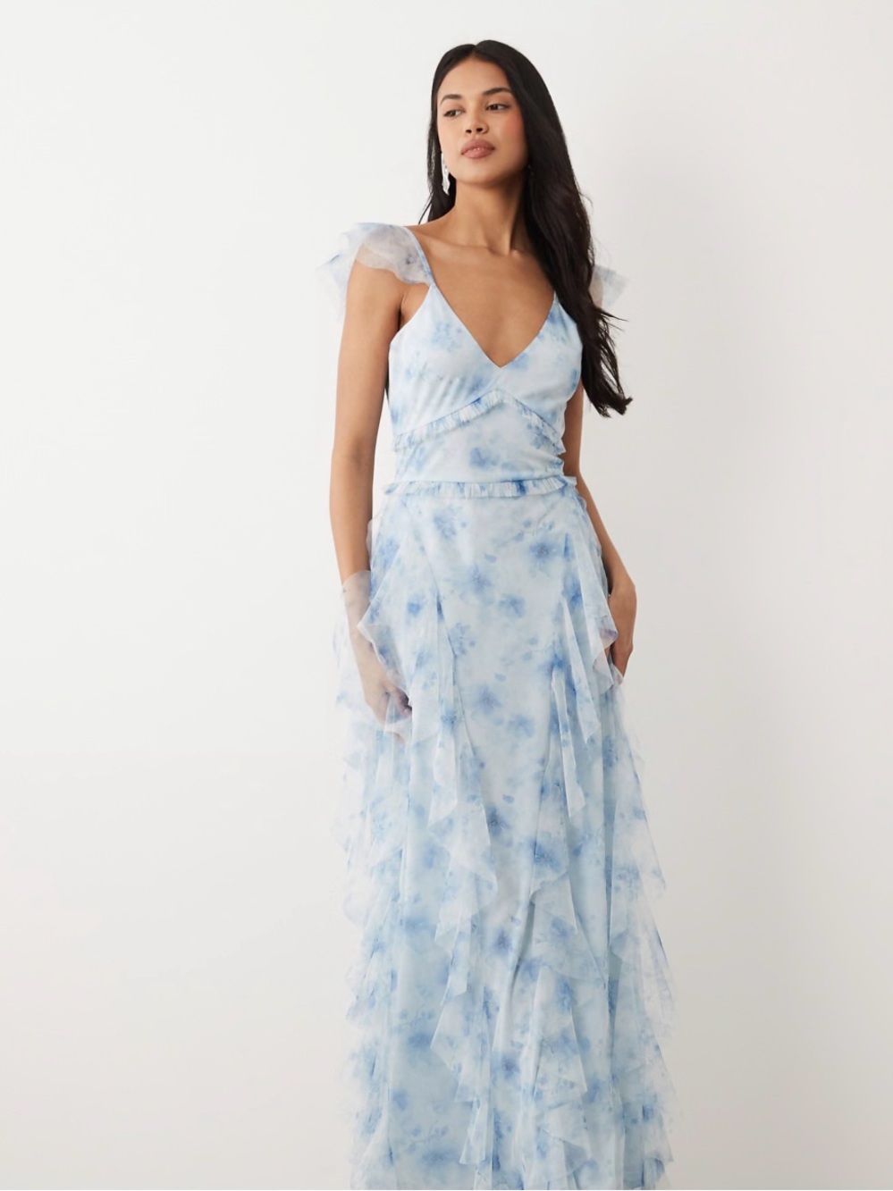 Lace & Beads tulle cami ruffle maxi dress in blue floral print